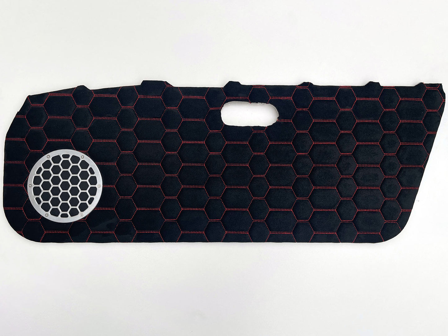 miata door cards with black alcantara, red stitching and machines aluminium speaker covers